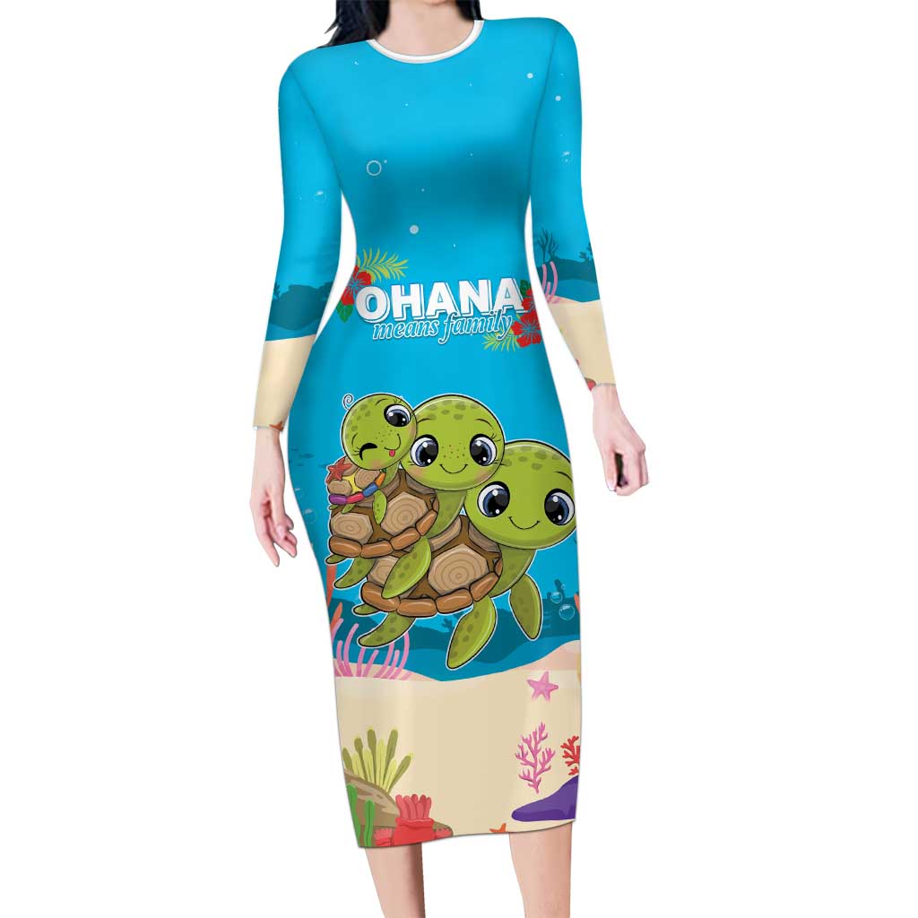 Ohana Hawaii Family Matching Long Sleeve Bodycon Dress and Hawaiian Shirt Kawaii Family Turtle