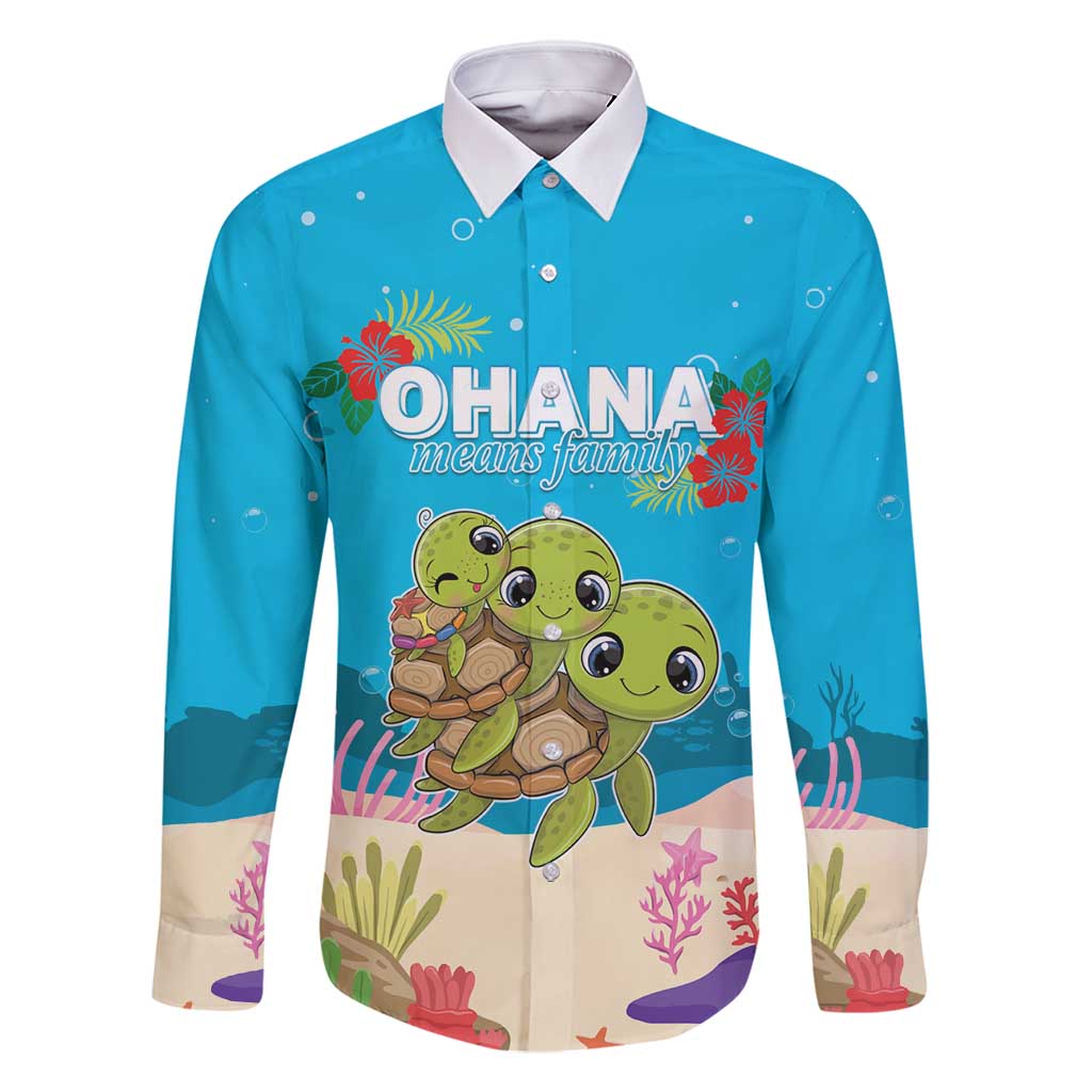 Ohana Hawaii Family Matching Off Shoulder Maxi Dress and Hawaiian Shirt Kawaii Family Turtle LT05 Dad's Shirt - Long Sleeve Blue - Polynesian Pride