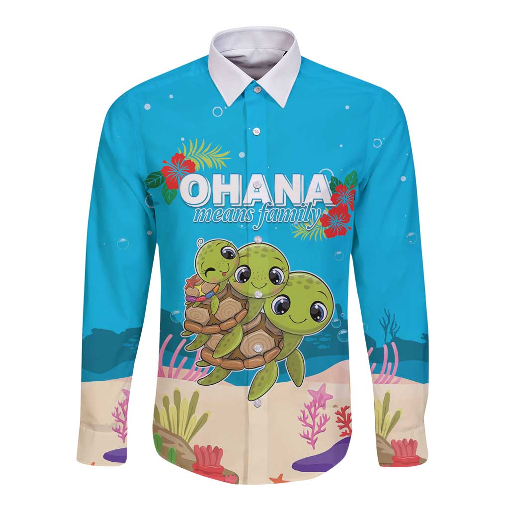 Ohana Hawaii Long Sleeve Button Shirt Kawaii Family Turtle LT05 Unisex Blue - Polynesian Pride