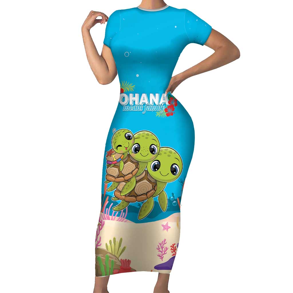 Ohana Hawaii Short Sleeve Bodycon Dress Kawaii Family Turtle LT05 Long Dress Blue - Polynesian Pride