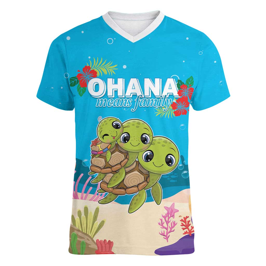 Ohana Hawaii Women V-Neck T-Shirt Kawaii Family Turtle LT05 Female Blue - Polynesian Pride
