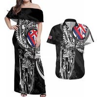 Hawaii King Flag Couples Matching Off Shoulder Maxi Dress and Hawaiian Shirt Hawaiian Maile Lei LT05 Black - Polynesian Pride