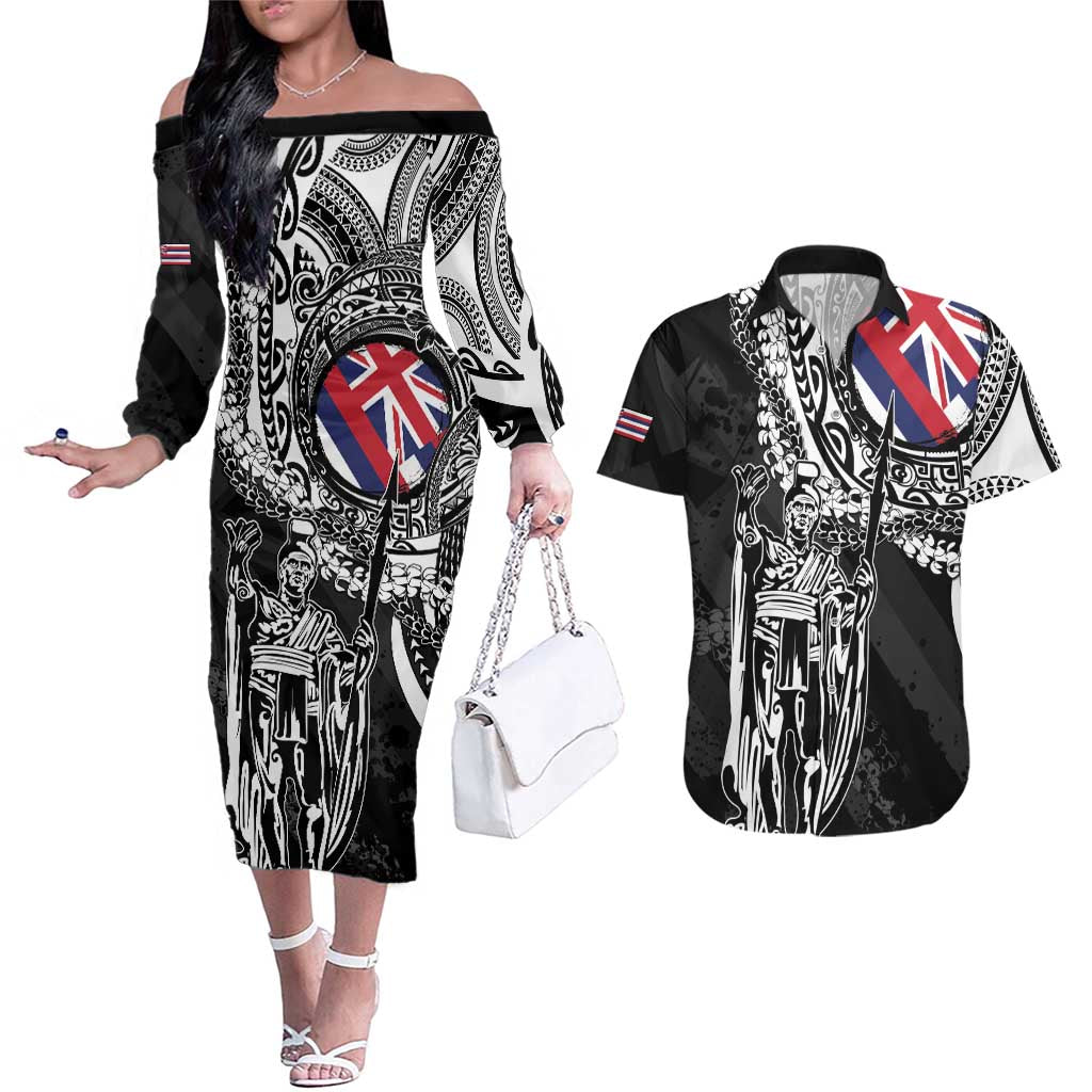 Hawaii King Flag Couples Matching Off The Shoulder Long Sleeve Dress and Hawaiian Shirt Hawaiian Maile Lei LT05 Black - Polynesian Pride