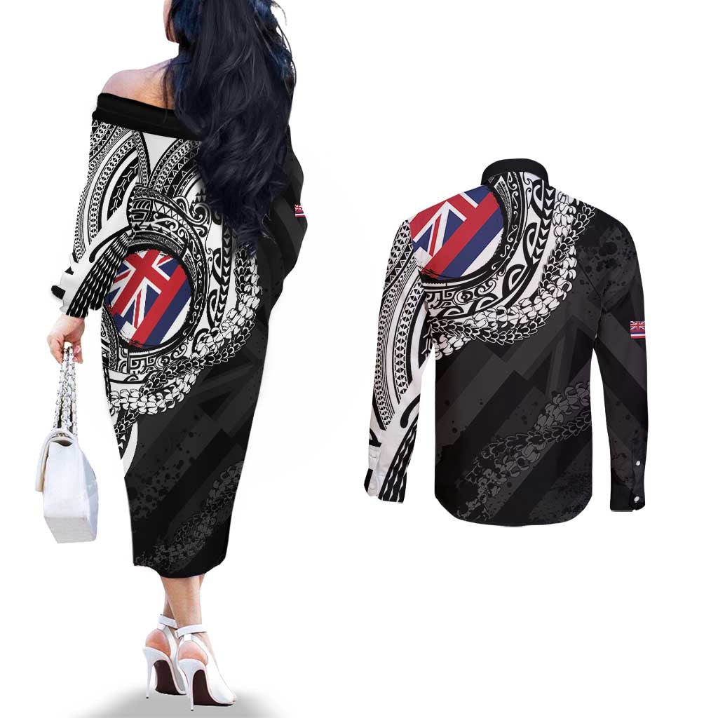 Hawaii King Flag Couples Matching Off The Shoulder Long Sleeve Dress and Long Sleeve Button Shirt Hawaiian Maile Lei LT05 - Polynesian Pride