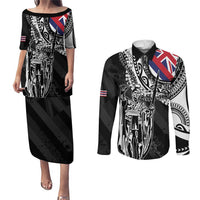 Hawaii King Flag Couples Matching Puletasi and Long Sleeve Button Shirt Hawaiian Maile Lei LT05 Black - Polynesian Pride