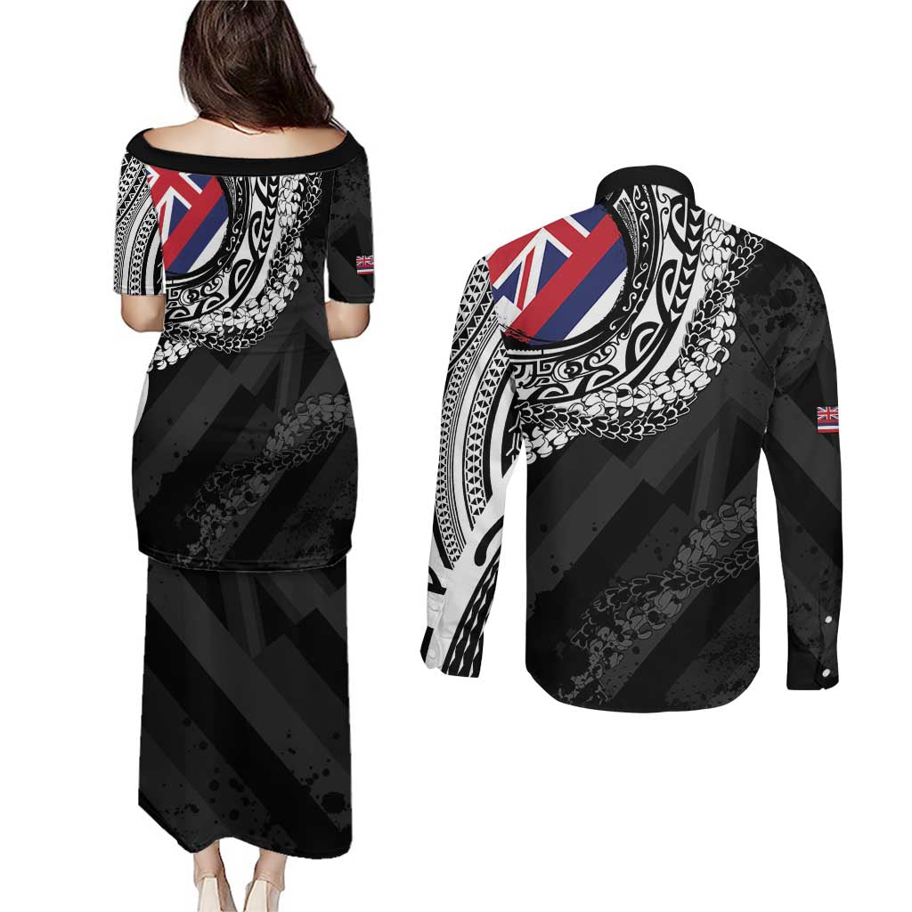 Hawaii King Flag Couples Matching Puletasi and Long Sleeve Button Shirt Hawaiian Maile Lei LT05 - Polynesian Pride
