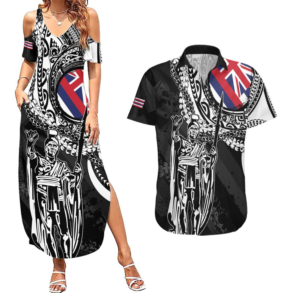 Hawaii King Flag Couples Matching Summer Maxi Dress and Hawaiian Shirt Hawaiian Maile Lei LT05 Black - Polynesian Pride