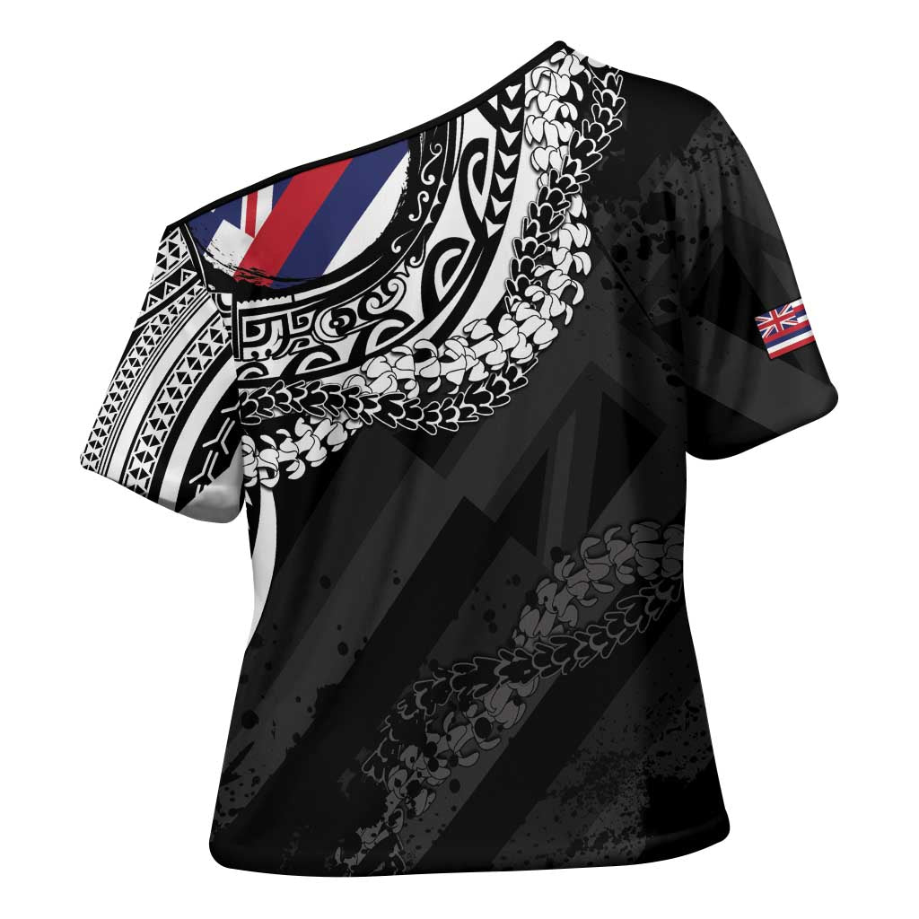 Hawaii King Flag Cross Shoulder Shirt Hawaiian Maile Lei - Polynesian Pride