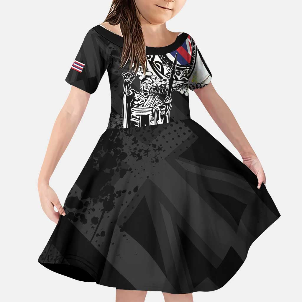 Hawaii King Flag Family Matching Off The Shoulder Long Sleeve Dress and Hawaiian Shirt Hawaiian Maile Lei LT05 Daughter's Dress Black - Polynesian Pride