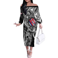 Hawaii King Flag Family Matching Off The Shoulder Long Sleeve Dress and Hawaiian Shirt Hawaiian Maile Lei LT05 Mom's Dress Black - Polynesian Pride