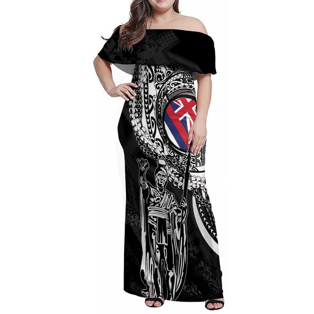 Hawaii King Flag Family Matching Off Shoulder Maxi Dress and Hawaiian Shirt Hawaiian Maile Lei LT05 Mom's Dress Black - Polynesian Pride