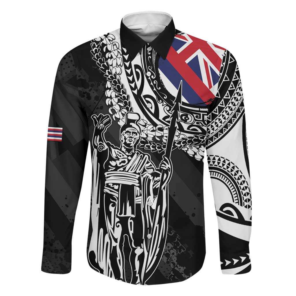 Hawaii King Flag Family Matching Puletasi and Hawaiian Shirt Hawaiian Maile Lei LT05 Dad's Shirt - Long Sleeve Black - Polynesian Pride