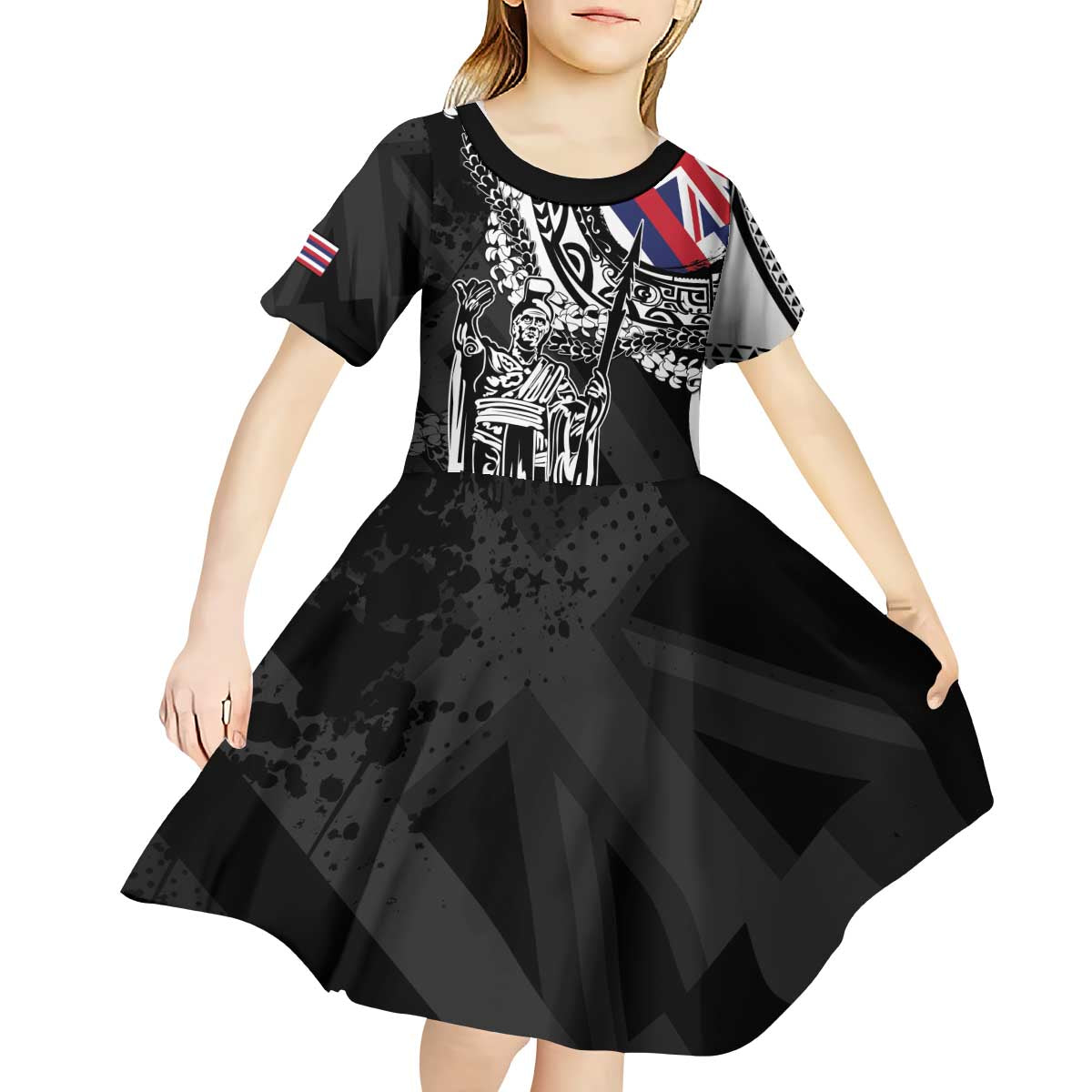 Hawaii King Flag Kid Short Sleeve Dress Hawaiian Maile Lei - Polynesian Pride