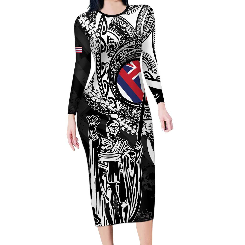 Hawaii King Flag Long Sleeve Bodycon Dress Hawaiian Maile Lei - Polynesian Pride