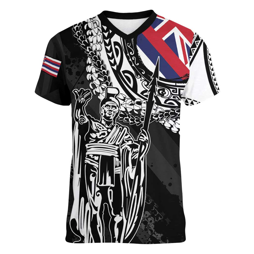 Hawaii King Flag Women V-Neck T-Shirt Hawaiian Maile Lei - Polynesian Pride
