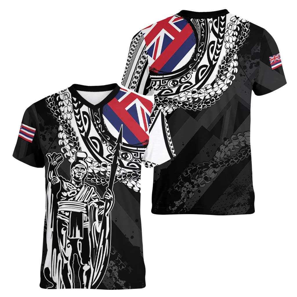 Hawaii King Flag Women V-Neck T-Shirt Hawaiian Maile Lei - Polynesian Pride