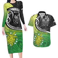 Personalised New Zealand Cook Islands Couples Matching Long Sleeve Bodycon Dress and Hawaiian Shirt Maori Tiki With Circle Stars Turtle LT05 Multicolor - Polynesian Pride