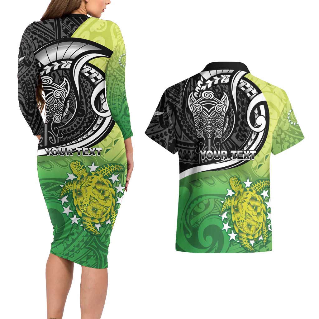 Personalised New Zealand Cook Islands Couples Matching Long Sleeve Bodycon Dress and Hawaiian Shirt Maori Tiki With Circle Stars Turtle LT05 - Polynesian Pride