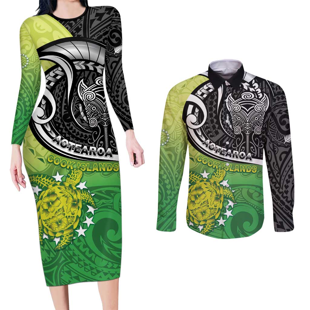 Personalised New Zealand Cook Islands Couples Matching Long Sleeve Bodycon Dress and Long Sleeve Button Shirt Maori Tiki With Circle Stars Turtle LT05 Multicolor - Polynesian Pride