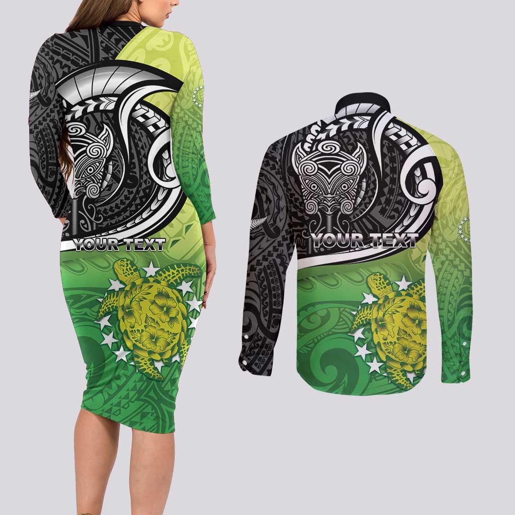 Personalised New Zealand Cook Islands Couples Matching Long Sleeve Bodycon Dress and Long Sleeve Button Shirt Maori Tiki With Circle Stars Turtle LT05 - Polynesian Pride