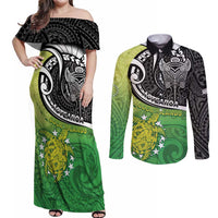 Personalised New Zealand Cook Islands Couples Matching Off Shoulder Maxi Dress and Long Sleeve Button Shirt Maori Tiki With Circle Stars Turtle LT05 Multicolor - Polynesian Pride