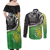 Personalised New Zealand Cook Islands Couples Matching Off Shoulder Maxi Dress and Long Sleeve Button Shirt Maori Tiki With Circle Stars Turtle LT05 - Polynesian Pride