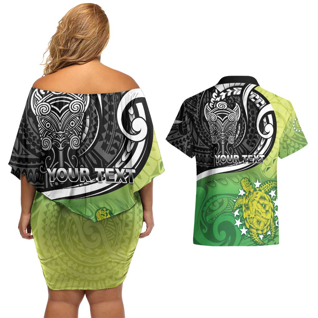 Personalised New Zealand Cook Islands Couples Matching Off Shoulder Short Dress and Hawaiian Shirt Maori Tiki With Circle Stars Turtle LT05 - Polynesian Pride