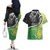 Personalised New Zealand Cook Islands Couples Matching Off The Shoulder Long Sleeve Dress and Hawaiian Shirt Maori Tiki With Circle Stars Turtle LT05 - Polynesian Pride