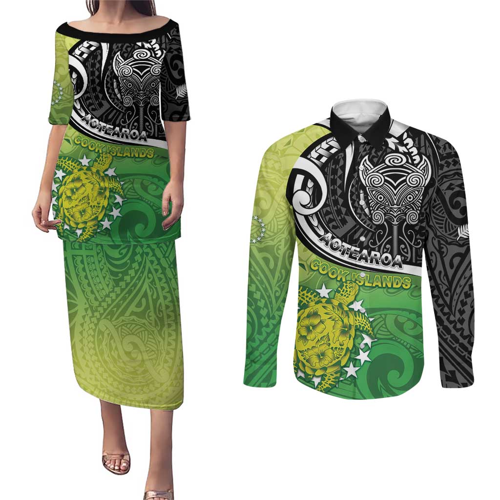 Personalised New Zealand Cook Islands Couples Matching Puletasi and Long Sleeve Button Shirt Maori Tiki With Circle Stars Turtle LT05 Multicolor - Polynesian Pride