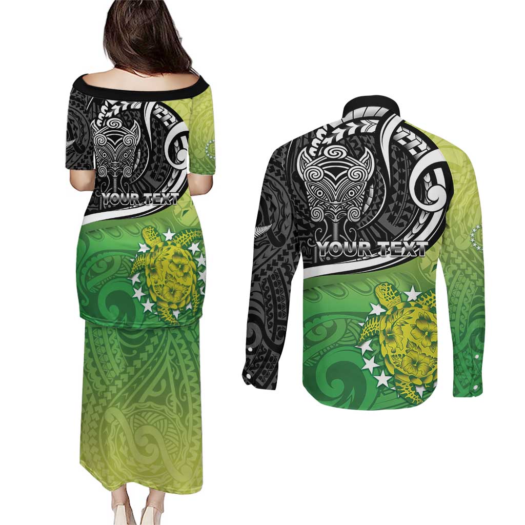 Personalised New Zealand Cook Islands Couples Matching Puletasi and Long Sleeve Button Shirt Maori Tiki With Circle Stars Turtle LT05 - Polynesian Pride