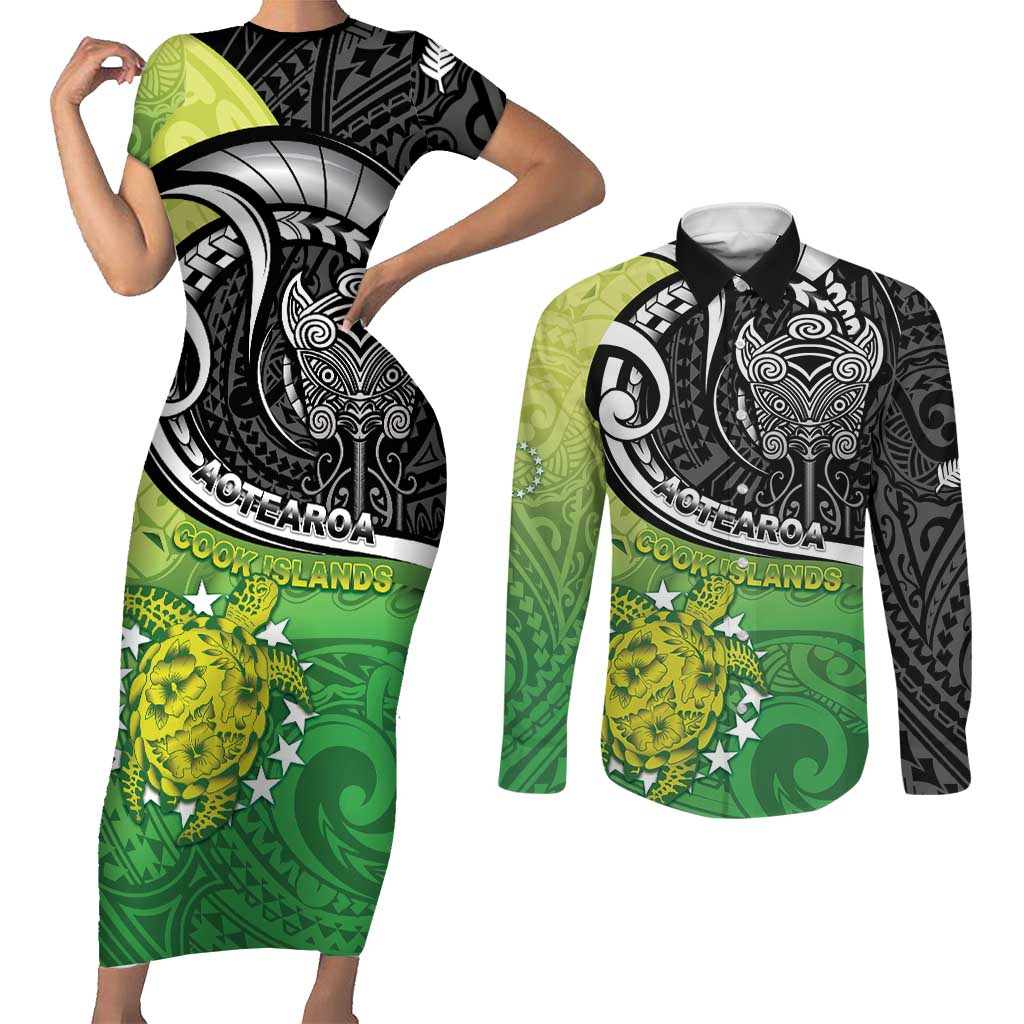 Personalised New Zealand Cook Islands Couples Matching Short Sleeve Bodycon Dress and Long Sleeve Button Shirt Maori Tiki With Circle Stars Turtle LT05 Multicolor - Polynesian Pride