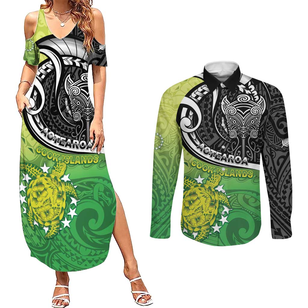 Personalised New Zealand Cook Islands Couples Matching Summer Maxi Dress and Long Sleeve Button Shirt Maori Tiki With Circle Stars Turtle LT05 Multicolor - Polynesian Pride