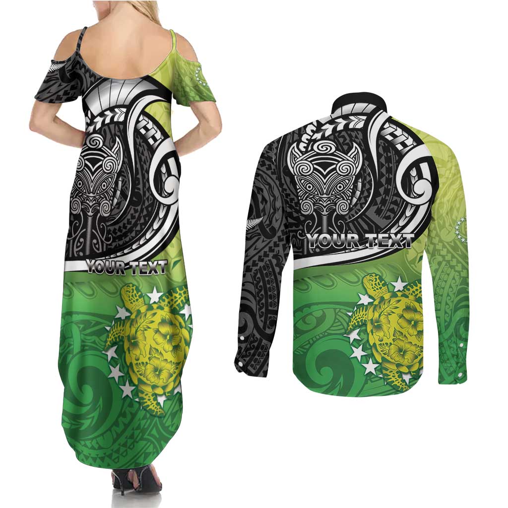 Personalised New Zealand Cook Islands Couples Matching Summer Maxi Dress and Long Sleeve Button Shirt Maori Tiki With Circle Stars Turtle LT05 - Polynesian Pride