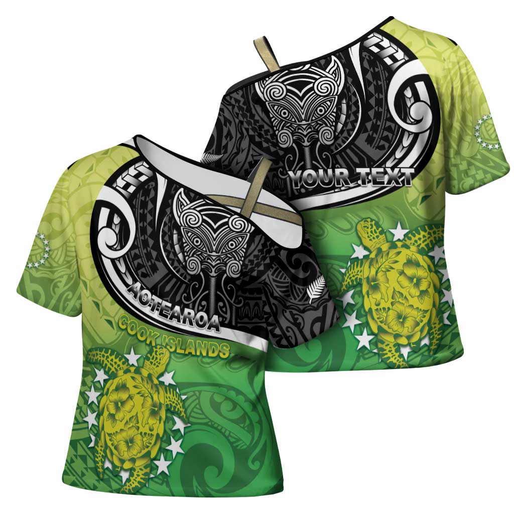 Personalised New Zealand Cook Islands Cross Shoulder Shirt Maori Tiki With Circle Stars Turtle LT05 - Polynesian Pride