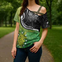 Personalised New Zealand Cook Islands Cross Shoulder Shirt Maori Tiki With Circle Stars Turtle LT05 - Polynesian Pride
