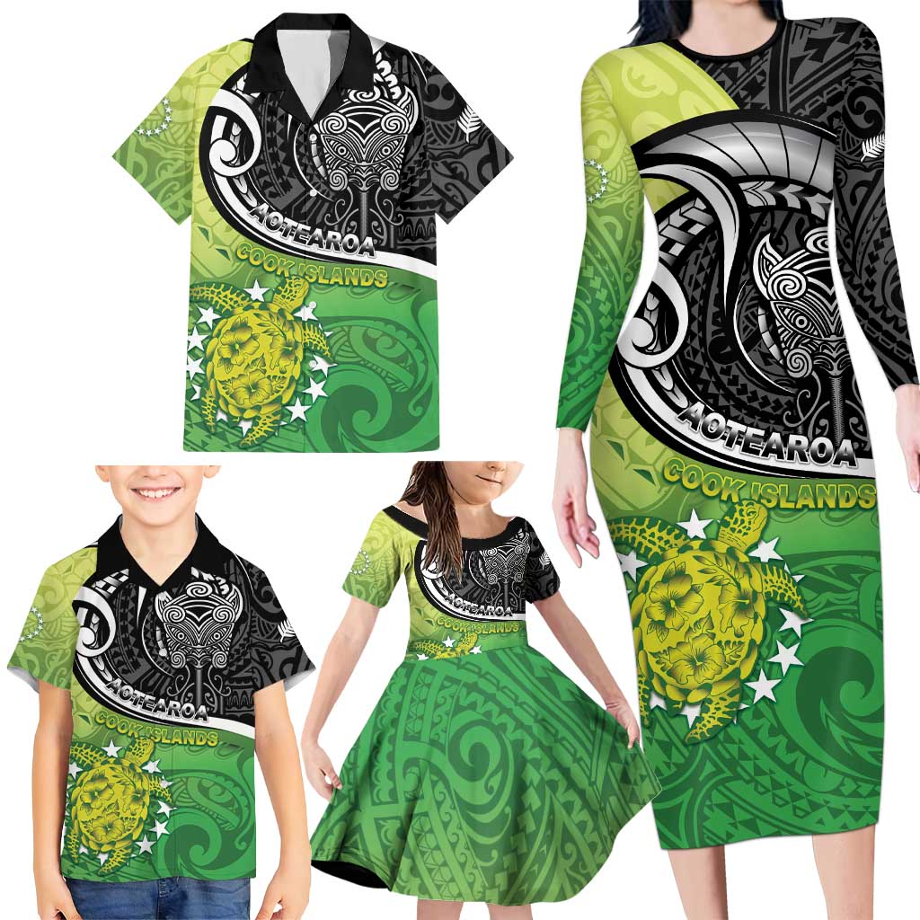 Personalised New Zealand Cook Islands Family Matching Long Sleeve Bodycon Dress and Hawaiian Shirt Maori Tiki With Circle Stars Turtle LT05 - Polynesian Pride