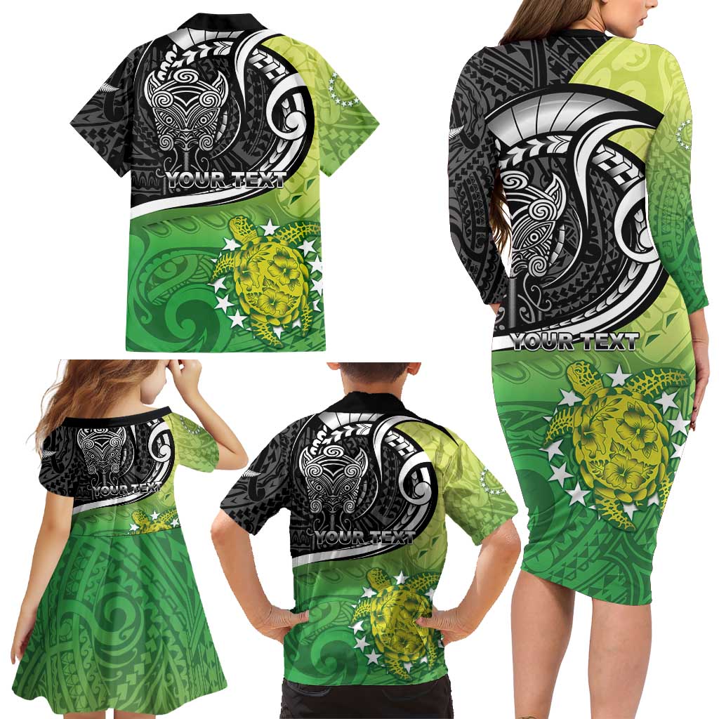 Personalised New Zealand Cook Islands Family Matching Long Sleeve Bodycon Dress and Hawaiian Shirt Maori Tiki With Circle Stars Turtle LT05 - Polynesian Pride