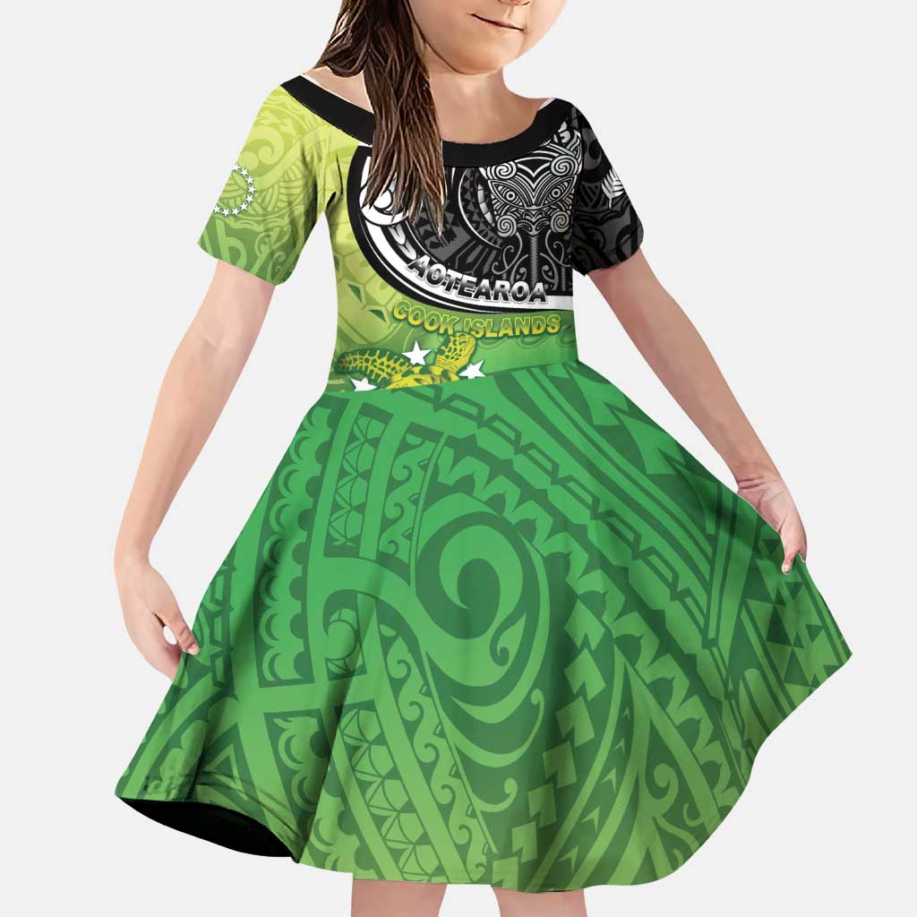 Personalised New Zealand Cook Islands Family Matching Mermaid Dress and Hawaiian Shirt Maori Tiki With Circle Stars Turtle LT05 Daughter's Dress Multicolor - Polynesian Pride