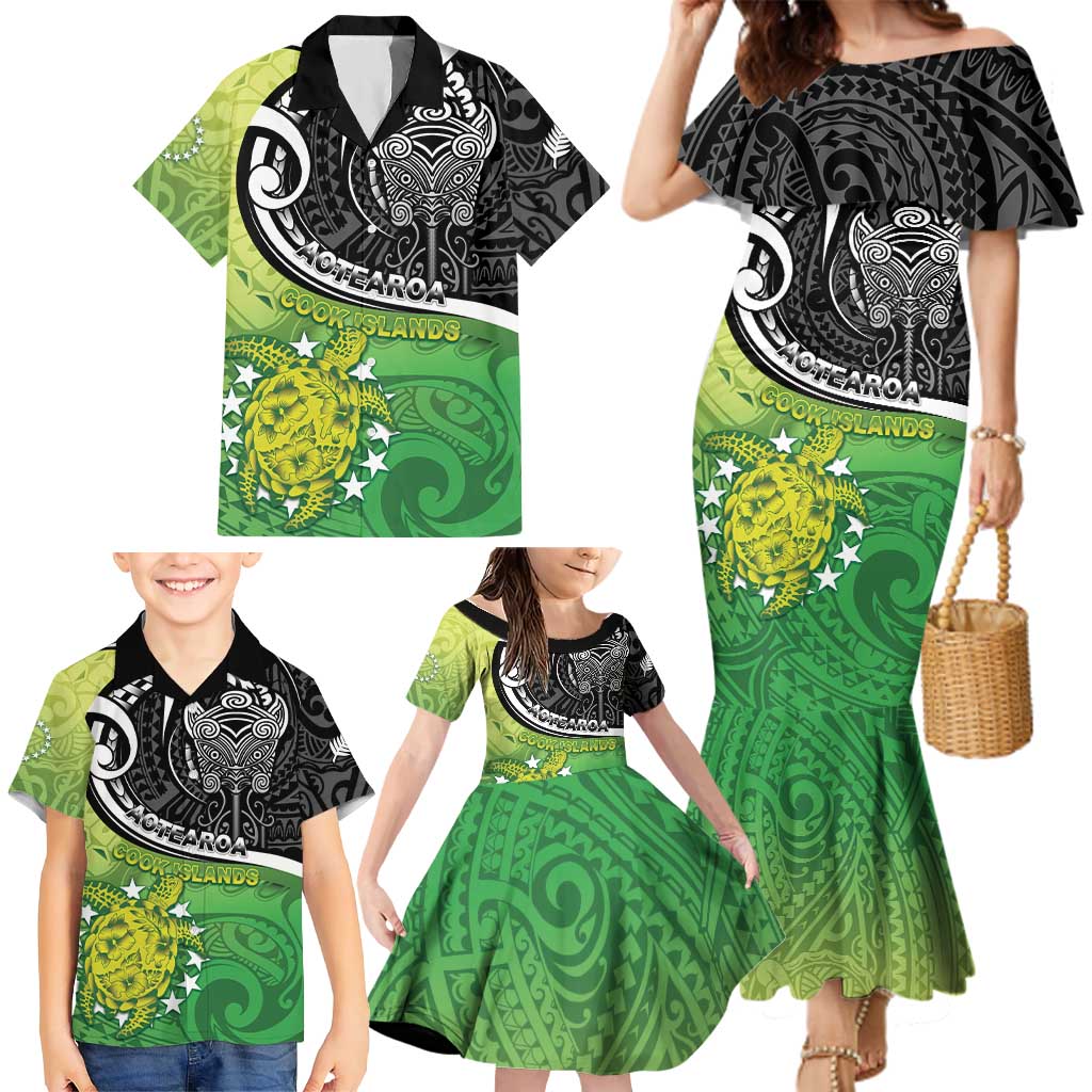 Custom New Zealand Cook Islands Family Matching Mermaid Dress and Hawaiian Shirt Maori Tiki With Circle Stars Turtle - Polynesian Pride