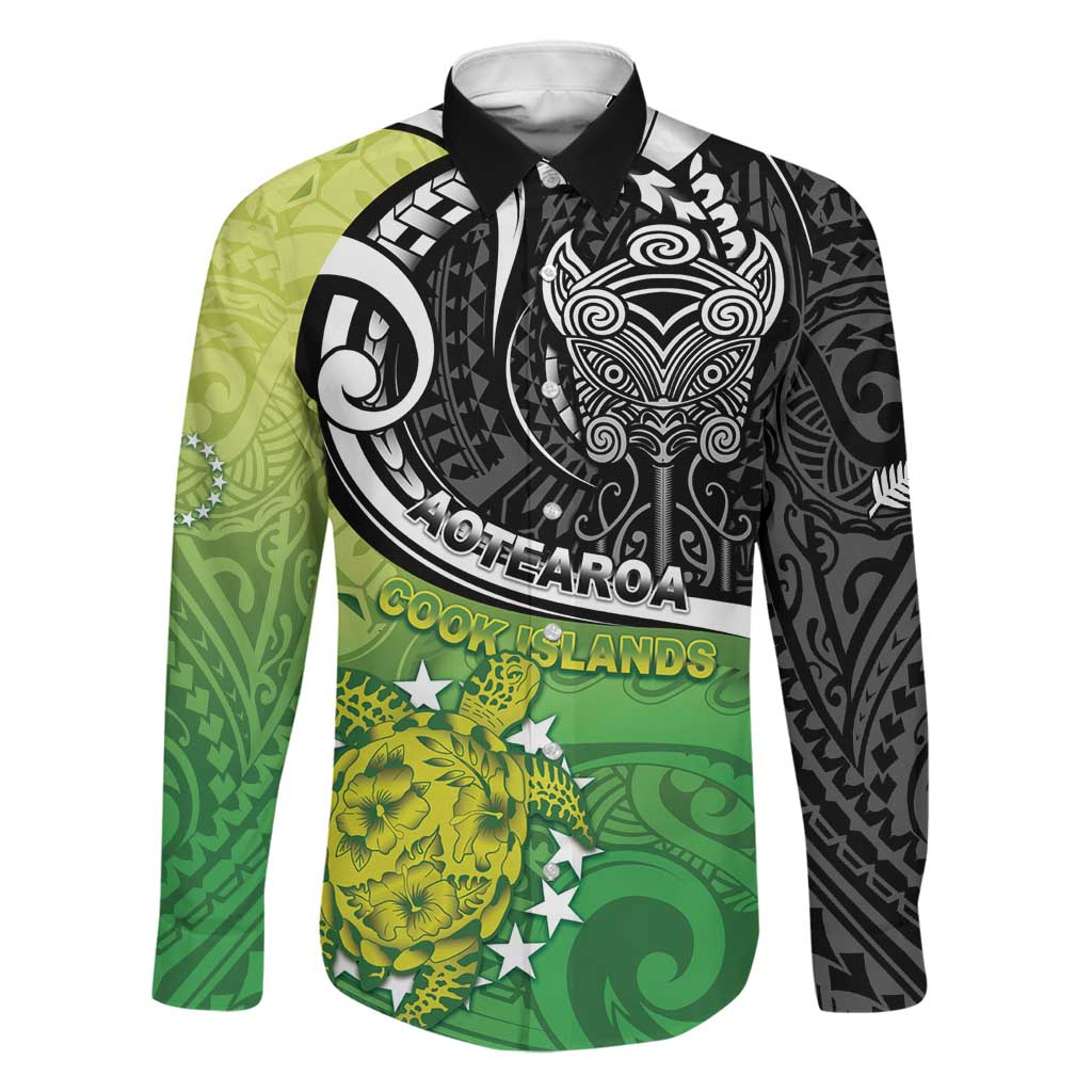 Personalised New Zealand Cook Islands Family Matching Mermaid Dress and Hawaiian Shirt Maori Tiki With Circle Stars Turtle LT05 Dad's Shirt - Long Sleeve Multicolor - Polynesian Pride