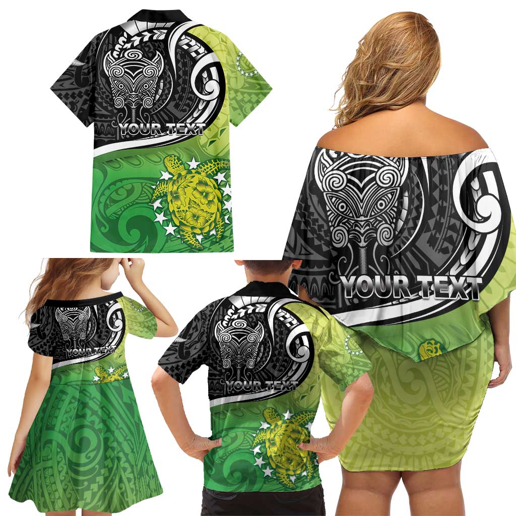 Personalised New Zealand Cook Islands Family Matching Off Shoulder Short Dress and Hawaiian Shirt Maori Tiki With Circle Stars Turtle LT05 - Polynesian Pride