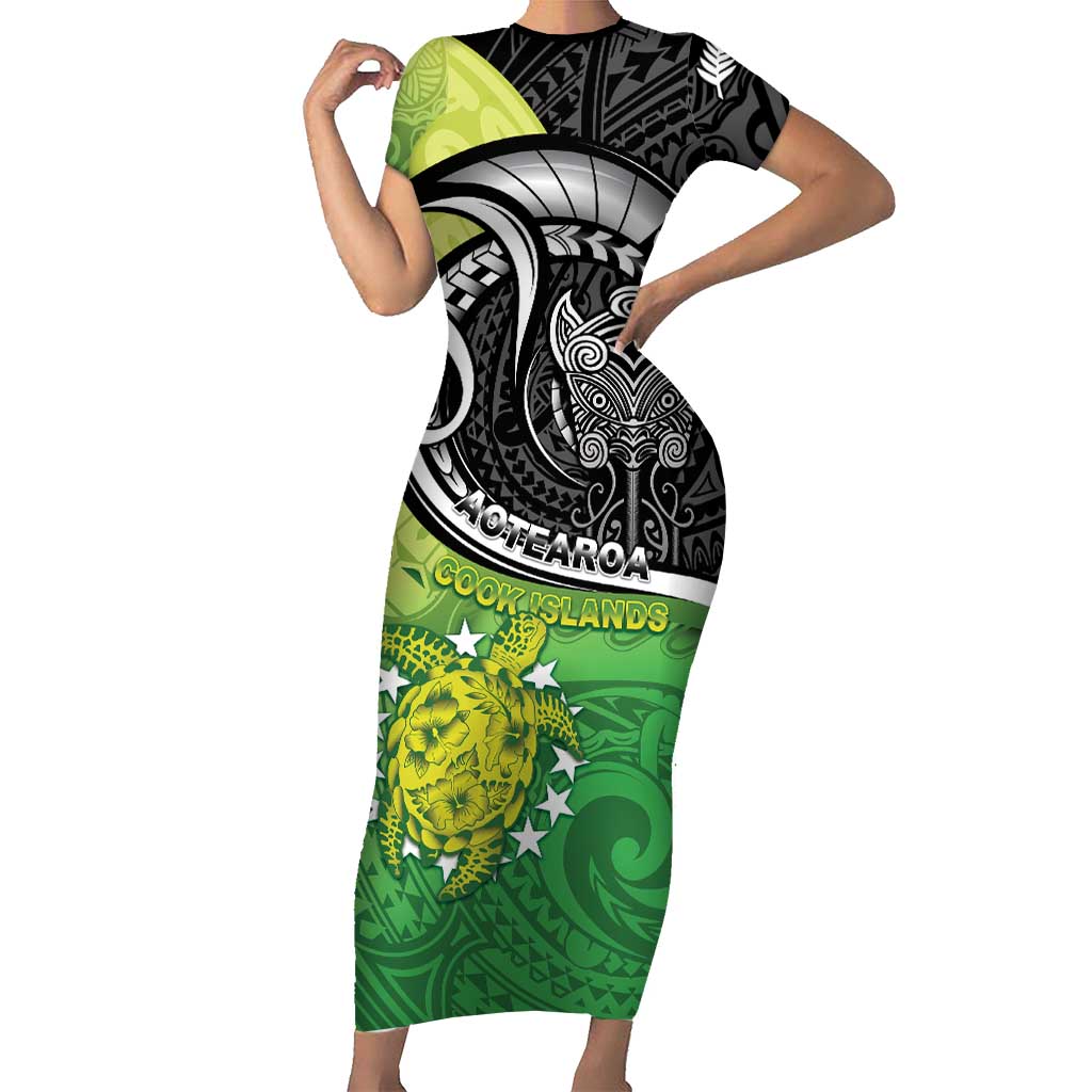 Personalised New Zealand Cook Islands Family Matching Short Sleeve Bodycon Dress and Hawaiian Shirt Maori Tiki With Circle Stars Turtle LT05 Mom's Dress Multicolor - Polynesian Pride