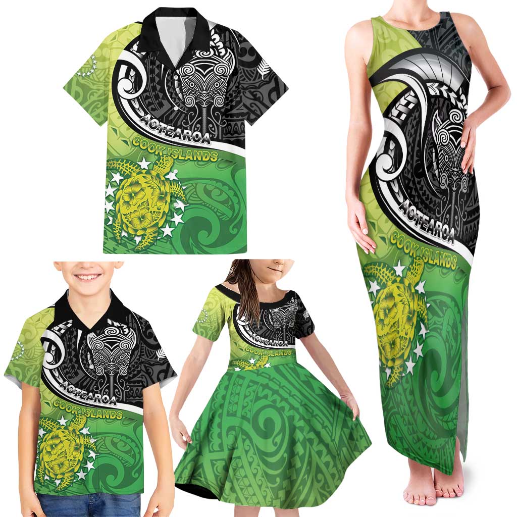 Personalised New Zealand Cook Islands Family Matching Tank Maxi Dress and Hawaiian Shirt Maori Tiki With Circle Stars Turtle LT05 - Polynesian Pride