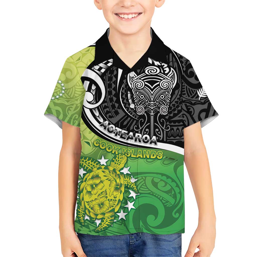 Custom New Zealand Cook Islands Kid Hawaiian Shirt Maori Tiki With Circle Stars Turtle - Polynesian Pride