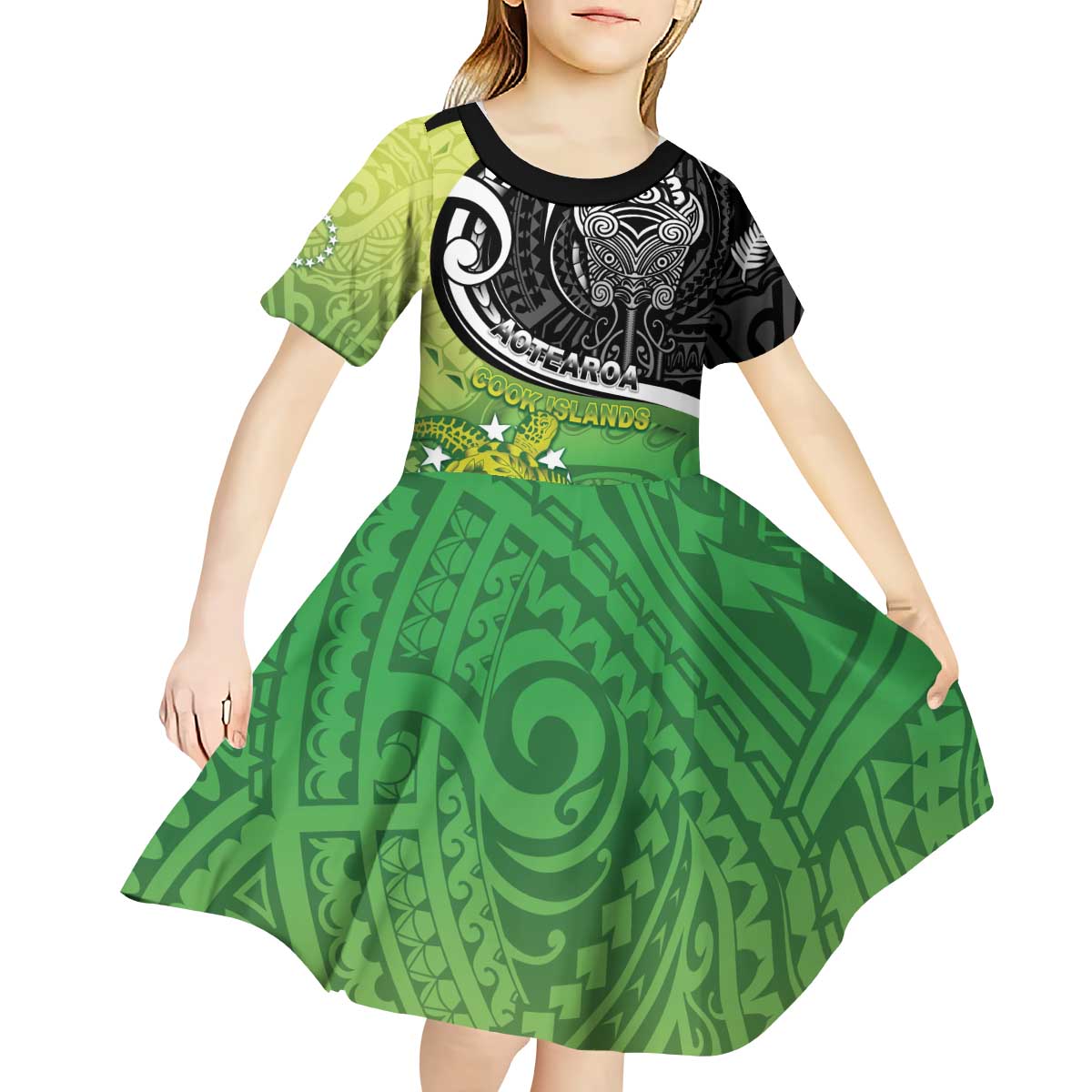 Personalised New Zealand Cook Islands Kid Short Sleeve Dress Maori Tiki With Circle Stars Turtle LT05 - Polynesian Pride