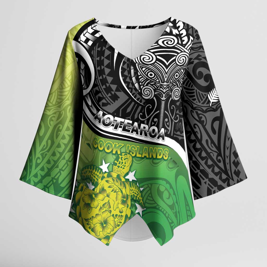 Personalised New Zealand Cook Islands Kimono Sleeve Blouse Maori Tiki With Circle Stars Turtle LT05 Female Multicolor - Polynesian Pride