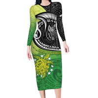Personalised New Zealand Cook Islands Long Sleeve Bodycon Dress Maori Tiki With Circle Stars Turtle LT05 Long Dress Multicolor - Polynesian Pride