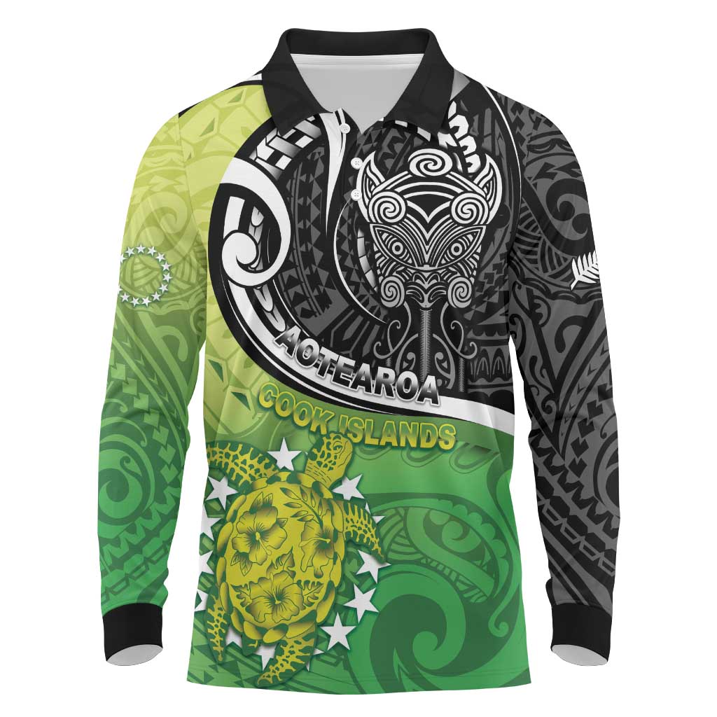 Personalised New Zealand Cook Islands Long Sleeve Polo Shirt Maori Tiki With Circle Stars Turtle LT05 Multicolor - Polynesian Pride