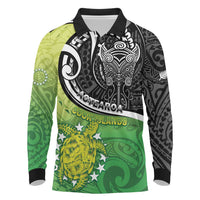 Personalised New Zealand Cook Islands Long Sleeve Polo Shirt Maori Tiki With Circle Stars Turtle LT05 Multicolor - Polynesian Pride