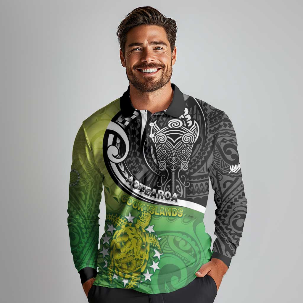 Personalised New Zealand Cook Islands Long Sleeve Polo Shirt Maori Tiki With Circle Stars Turtle LT05 - Polynesian Pride